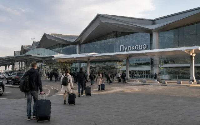 Здание терминала Пулково и пассажиры перед входом