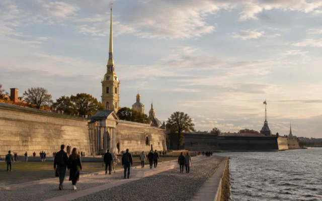 Петропавловская крепость и прогулочная зона у Невы