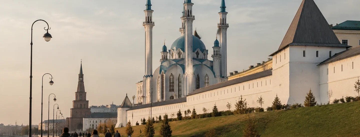 Казанский Кремль и мечеть Кул-Шариф утром во время прогулки