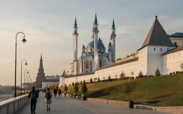 Казанский Кремль и мечеть Кул-Шариф утром во время прогулки
