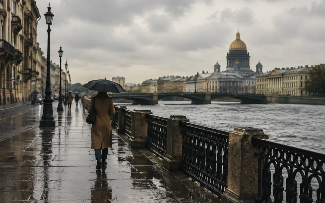 Дождливая улица Санкт-Петербурга с прохожим у исторической застройки