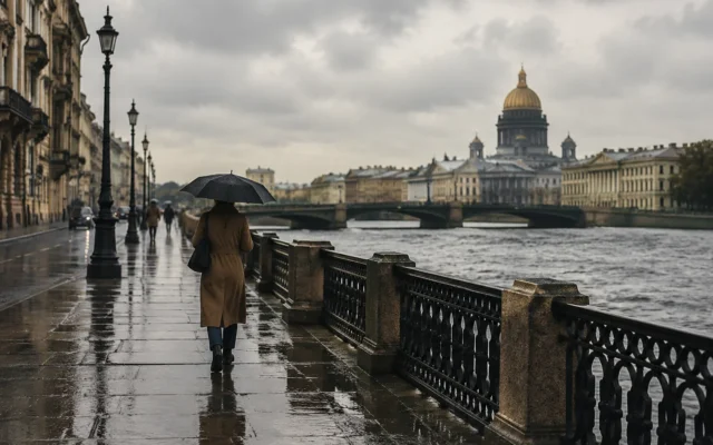 Дождливая улица Санкт-Петербурга с прохожим у исторической застройки