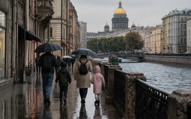 Семья с ребёнком гуляет по Петербургу в дождливую погоду
