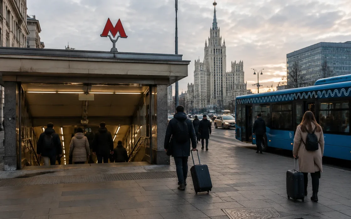 пассажиры продолжают путь от метро после автобусного маршрута