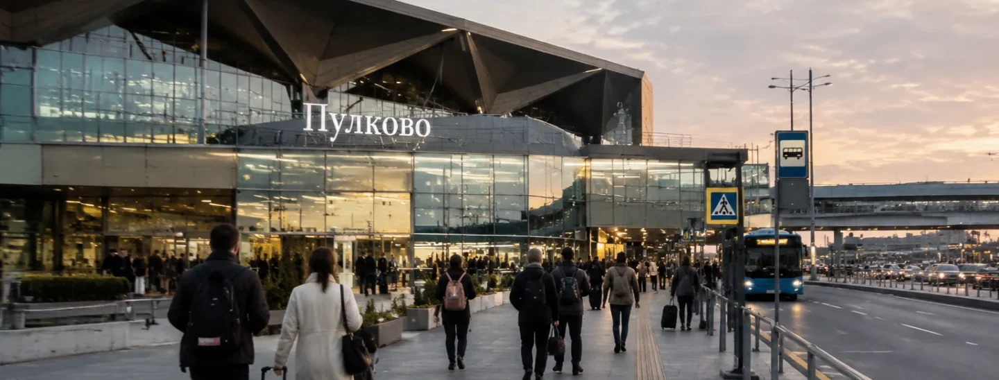 Входная зона аэропорта Пулково и пассажиры, направляющиеся к транспорту