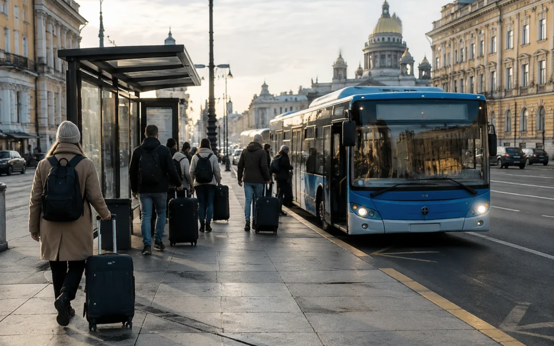 Остановка у «Московской» перед посадкой на автобус к Пулково