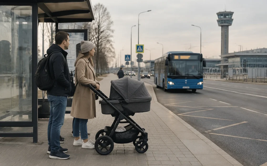 Семья с коляской у остановки автобуса в Санкт-Петербурге