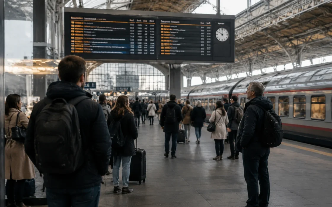 Пассажиры проверяют платформу перед отправлением