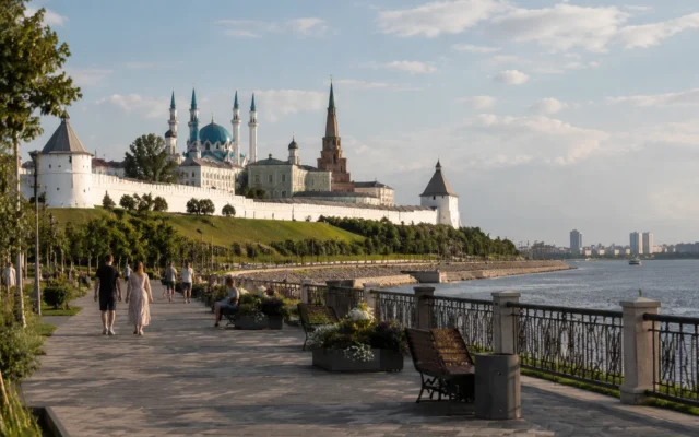 Казанский Кремль и прогулочная зона у воды летом