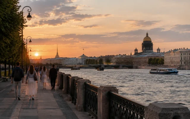 летняя прогулка по набережной Невы в центре Петербурга