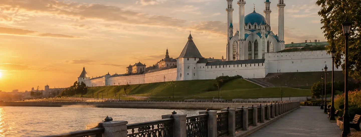 Вид на стены Казанского Кремля и мечеть Кул-Шариф вечером