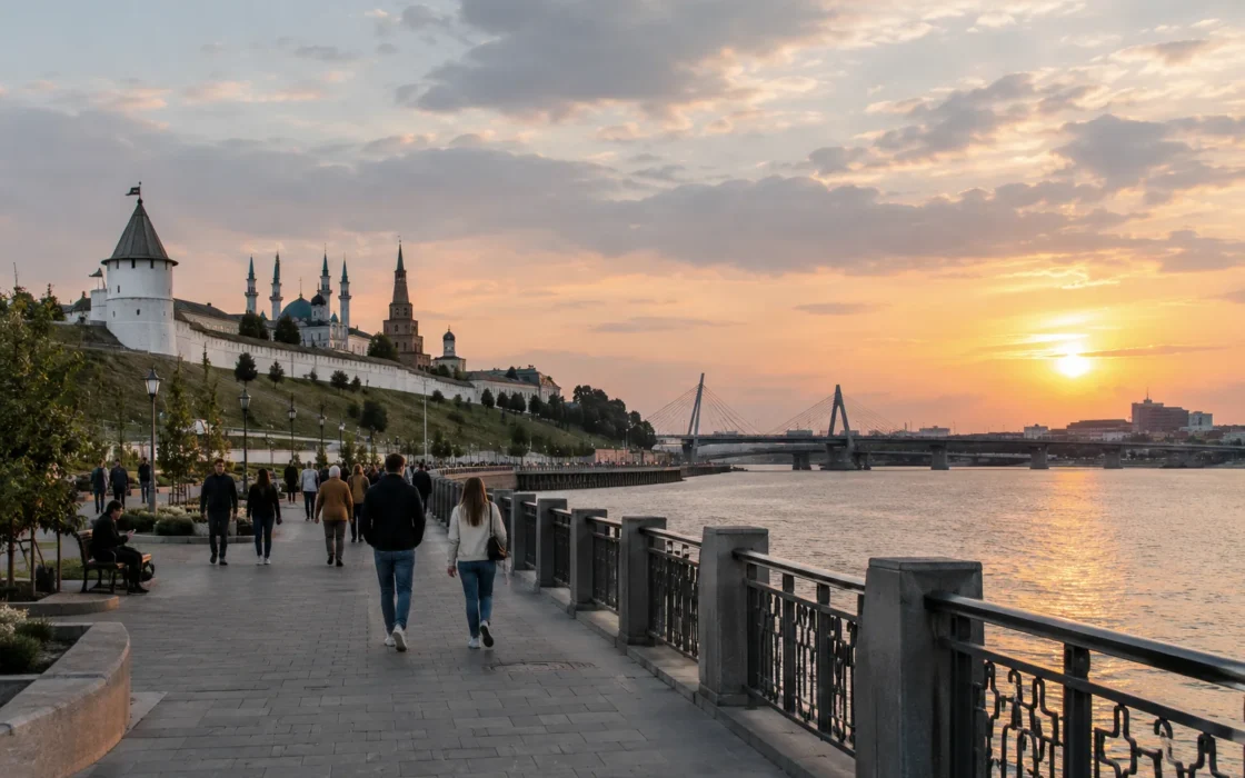 Прогулка по Кремлёвской набережной с видом на Казанку