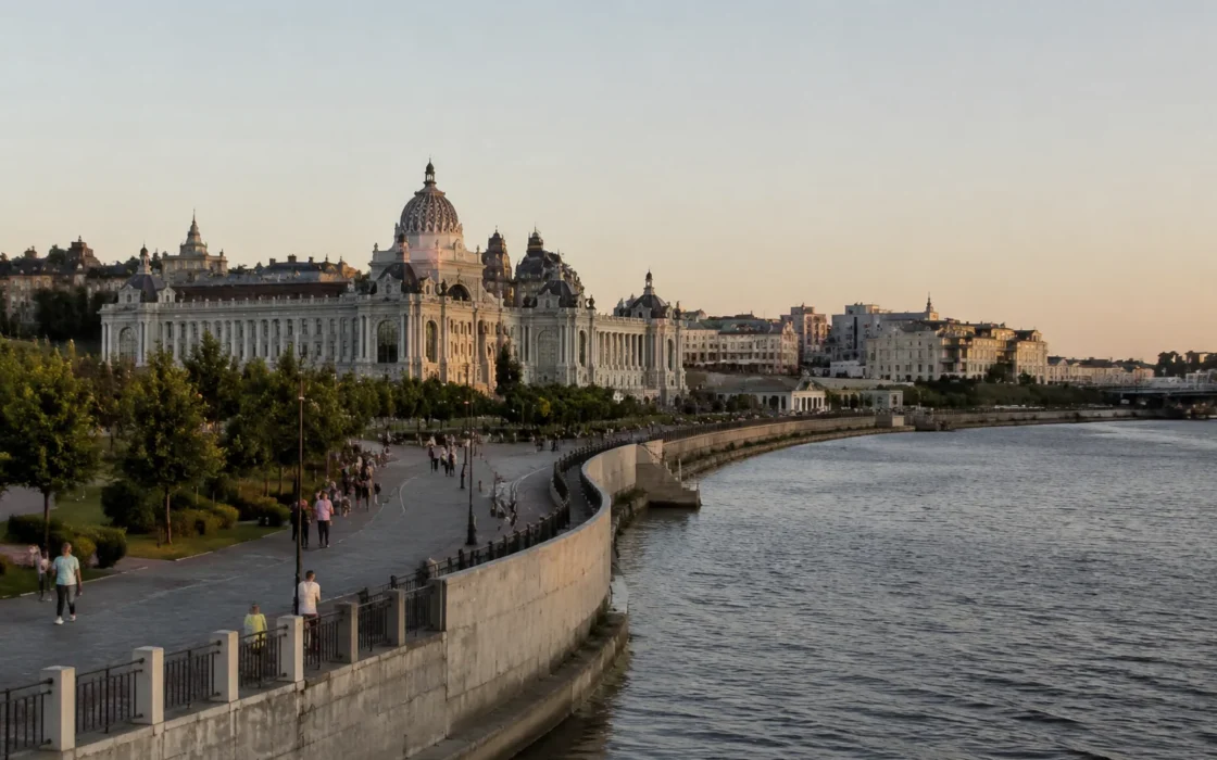 Дворец земледельцев и городская панорама у реки
