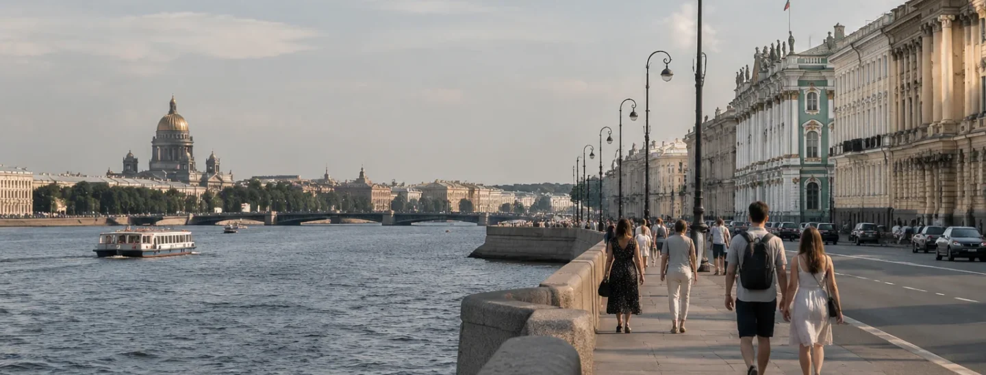 Дворцовая набережная и Нева в Санкт-Петербурге