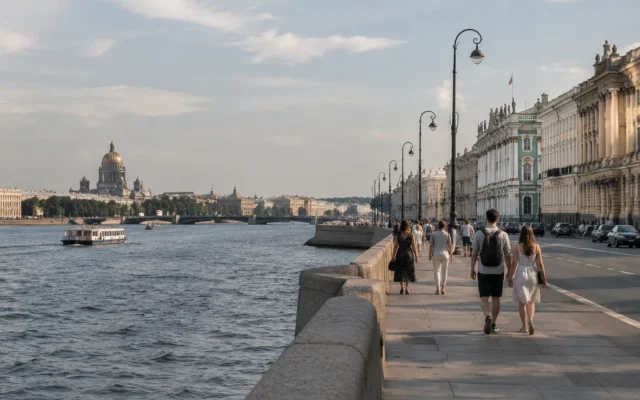 Дворцовая набережная и Нева в Санкт-Петербурге