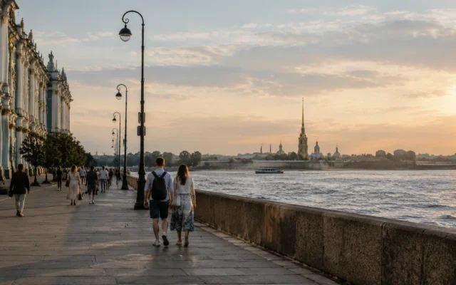 набережная Санкт-Петербурга с прогулкой у Невы