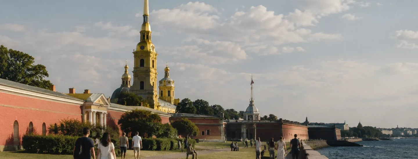 Петропавловская крепость летом с прогулочной зоной