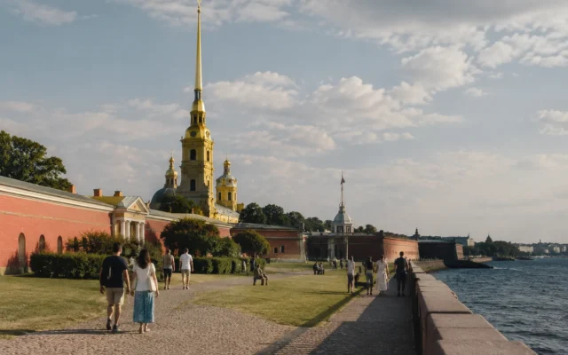 Петропавловская крепость летом с прогулочной зоной