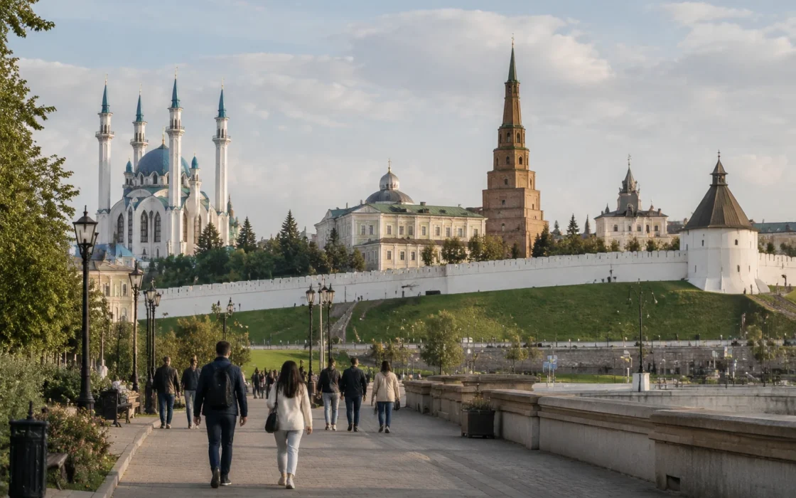 Посетители гуляют по территории Казанского Кремля