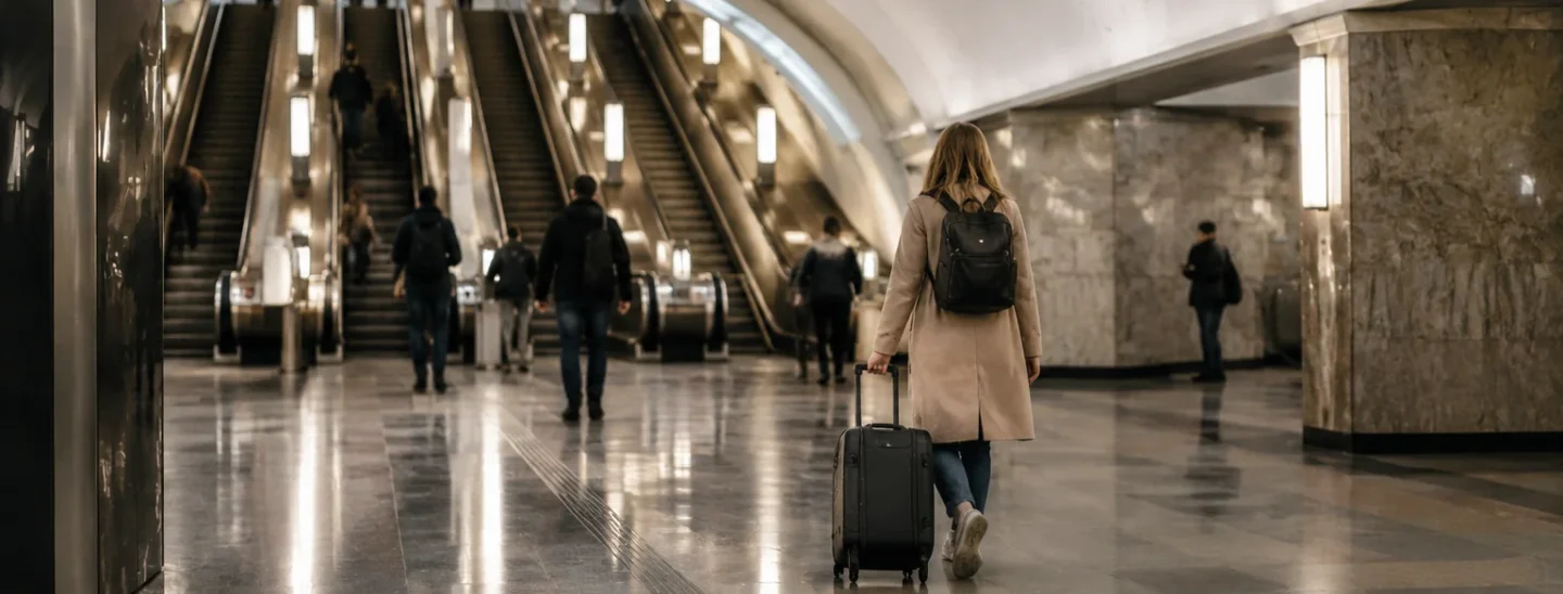 Пассажир с чемоданом в вестибюле московского метро