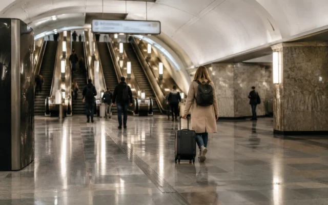 Пассажир с чемоданом в вестибюле московского метро