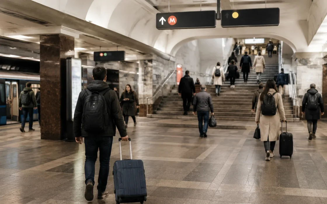 Переход между линиями метро с пассажирами и чемоданами