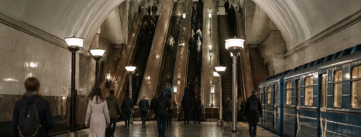 Глубокая станция метро Петербурга с длинным эскалатором и пассажирами
