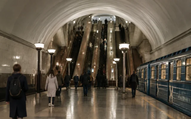 Глубокая станция метро Петербурга с длинным эскалатором и пассажирами
