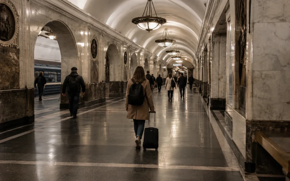 Пассажир с багажом проходит пересадочный коридор метро
