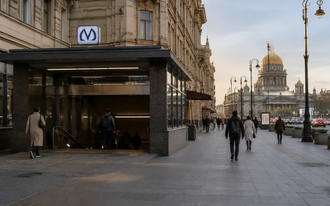 Выход из метро в историческом центре Петербурга и начало пешего маршрута