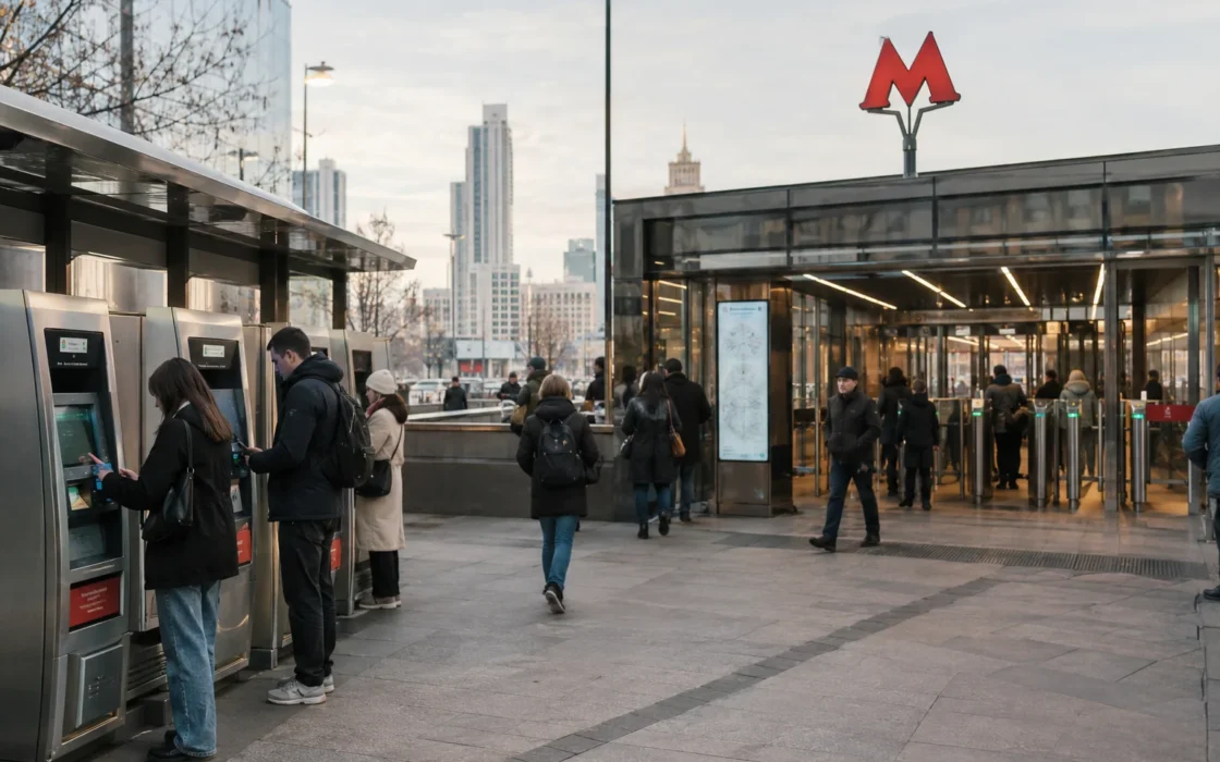 Вход в метро с автоматами оплаты и пассажирами
