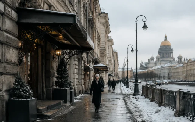 Зимняя улица Санкт-Петербурга с историческими зданиями и входами в крытые пространства