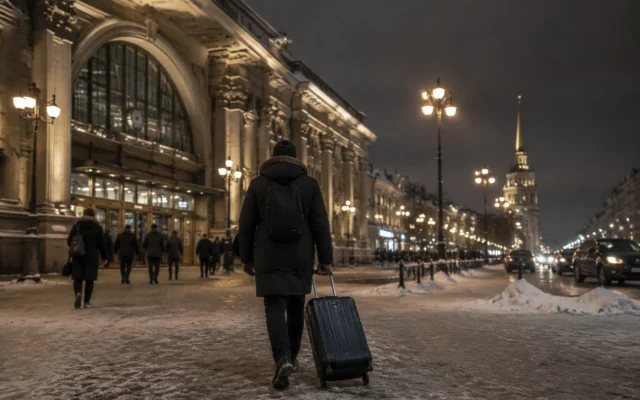 Зимний ночной выход путешественника с багажом у транспортного узла
