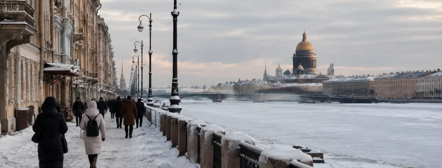 заснеженная улица Петербурга с людьми в зимней одежде