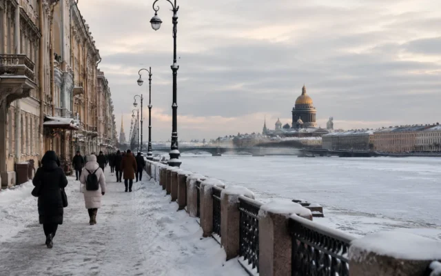 заснеженная улица Петербурга с людьми в зимней одежде