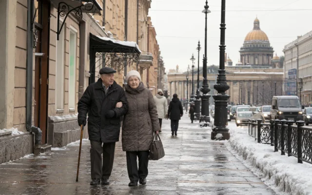 Пожилые путешественники идут по зимней улице Санкт-Петербурга