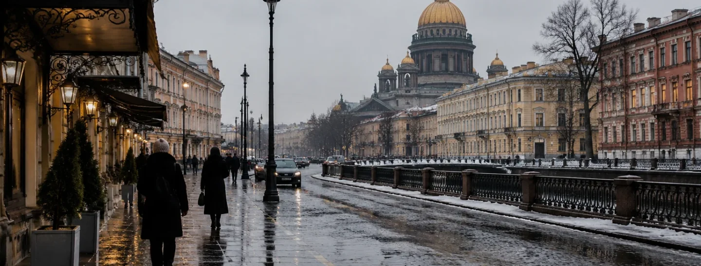 зимний Петербург с дождём и мокрой улицей