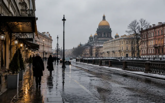 зимний Петербург с дождём и мокрой улицей