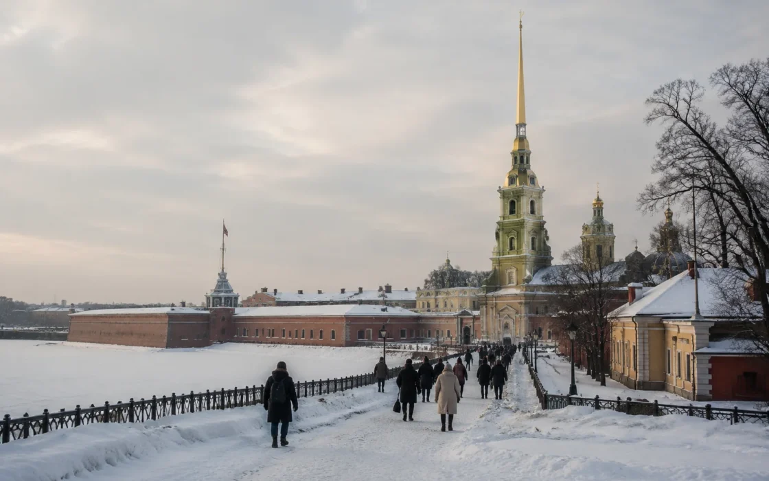 Петропавловская крепость зимой с дорожками и посетителями